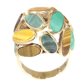 Vintage Sixties pop-art gold ring set with malachite and tiger eye by Unknown Artist