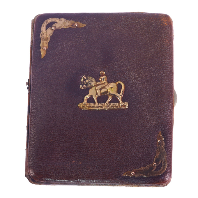 Dutch antique leather wallet with gold fittings and horse back riding motif by Unknown Artist