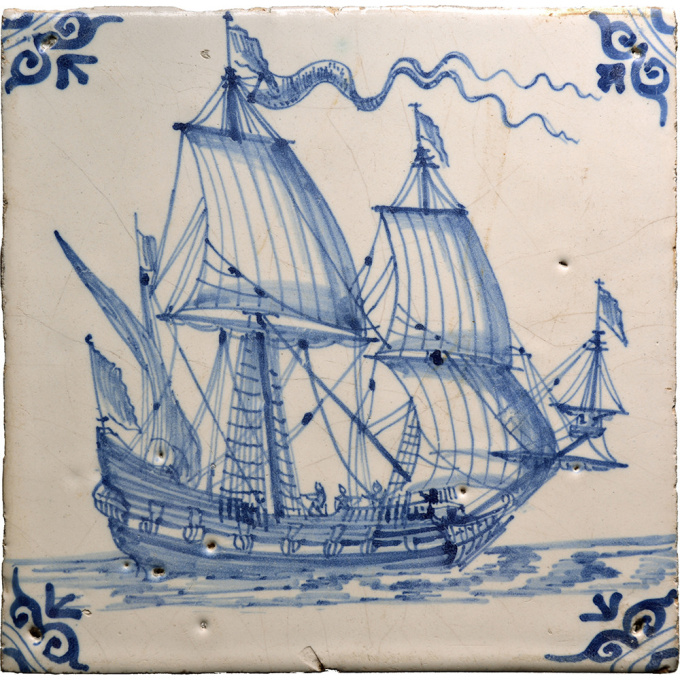White and blue tile with Dutch merchant ship second half 17th century by Artista Desconocido
