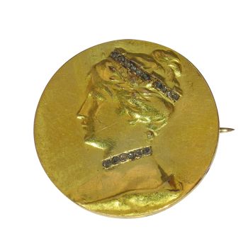 Vintage Belle Epoque gold brooch ladies head with diamond dog collar and hair band by Artista Sconosciuto