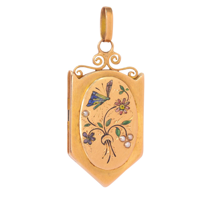Antique 18K French gold locket with enamel work butterfly on flowers by Artista Desconocido