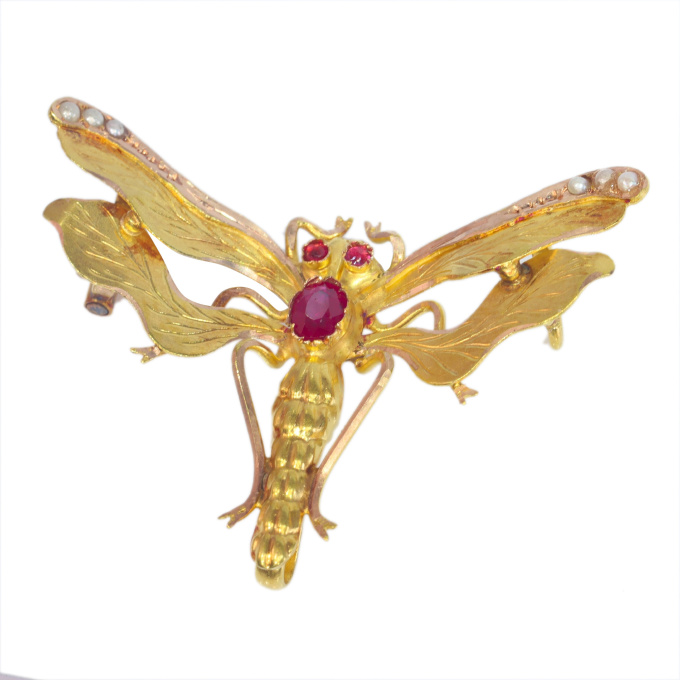 Vintage antique Victorian insect brooch with rubies and half seed pearls by Artista Desconhecido