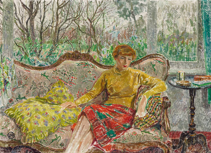 Madame De Smet op een sofa by Léon De Smet