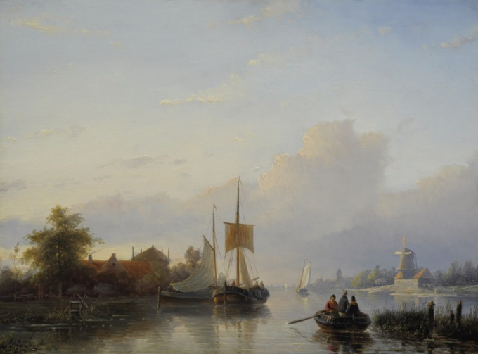A river landscape with sailing vessels and a rowing boat by Jan Jacob Spohler