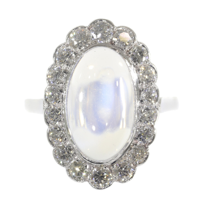 Vintage platinum diamond ring with magnificent moonstone by Artiste Inconnu