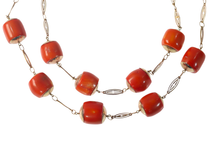 Antique 14K double row necklace with exceptional large coral beads by Unknown artist