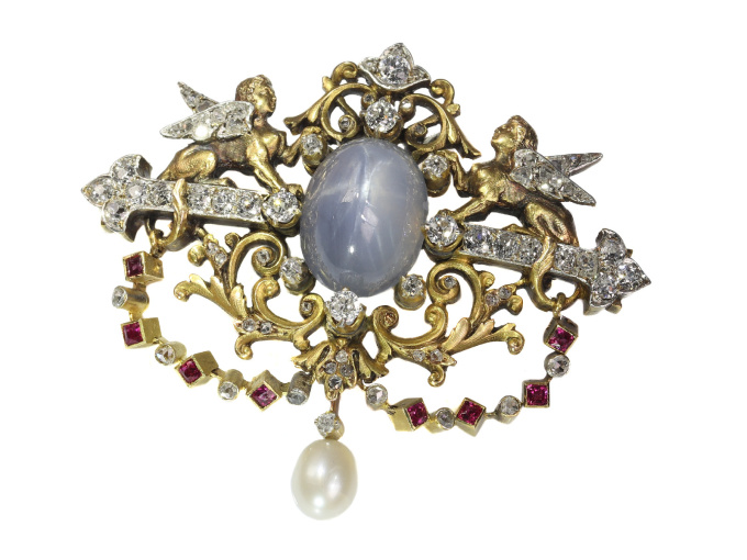 19th Century French brooch two sphinxes diamond set and star sapphire (Freemasonry?) by Unknown artist