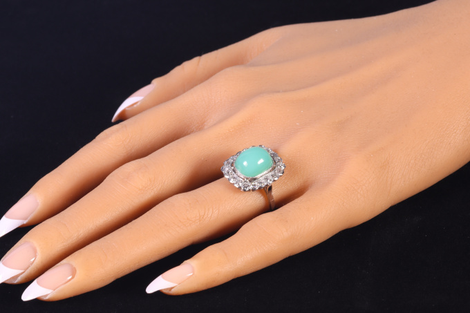 Vintage Fifties diamond and chrysoprase platinum engagement ring by Artista Sconosciuto