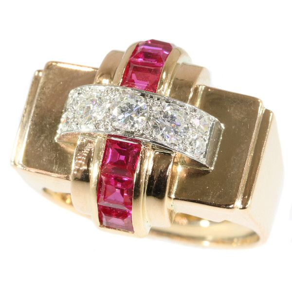 Stylish Retro red gold Cocktail ring with diamonds and rubies by Artista Sconosciuto