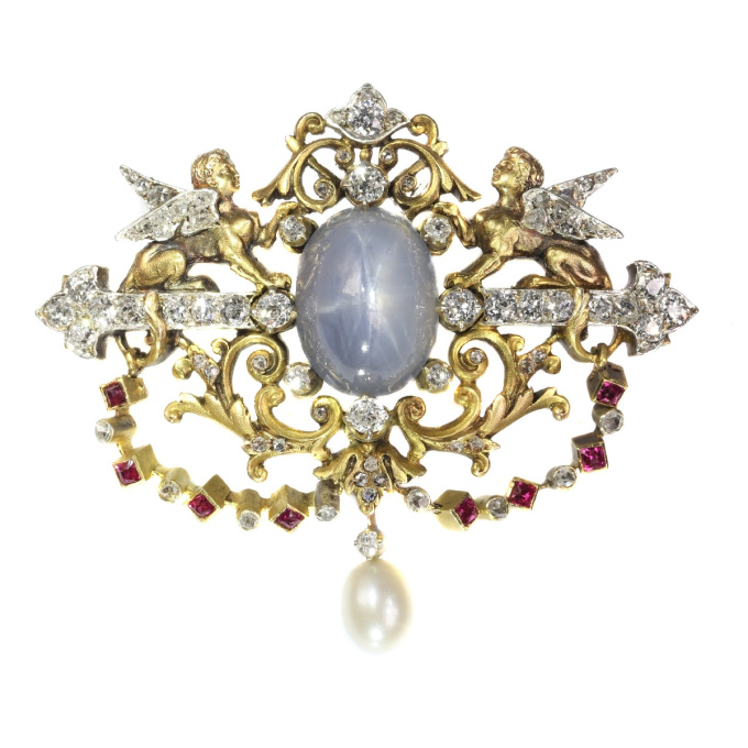 19th Century French brooch two sphinxes diamond set and star sapphire (Freemasonry?) by Artista Desconhecido