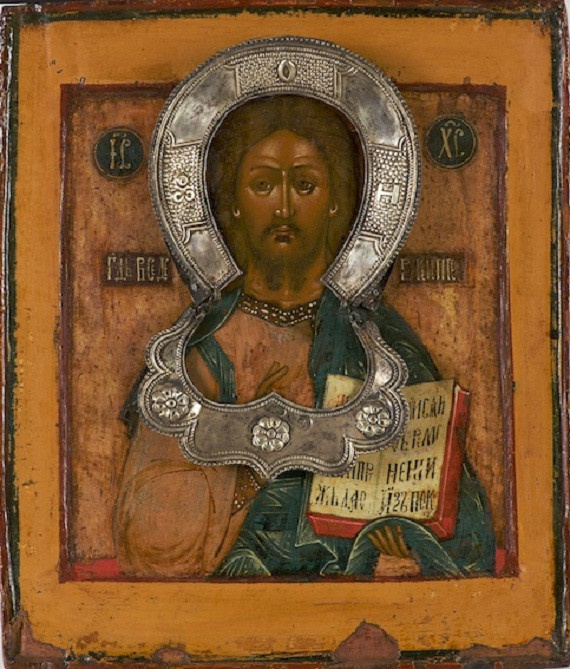Russian Pantokrator icon with a silver nimbus and zata by Onbekende Kunstenaar