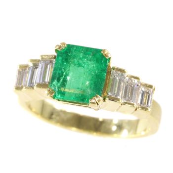 Vintage French estate ring with high quality Colombian emerald and baguette diamonds by Unknown Artist