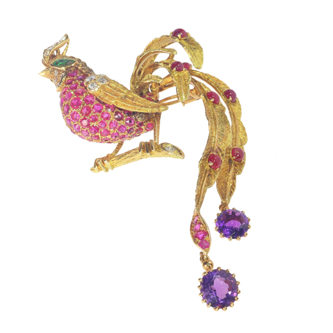 French 18K gold vintage 1960's bejeweled bird of paradise brooch by Jean-Claude Champagnat by Jean-Claude Champagnat