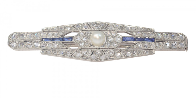Vintage Art Deco diamond bar brooch with sapphires and a pearl by Unknown Artist