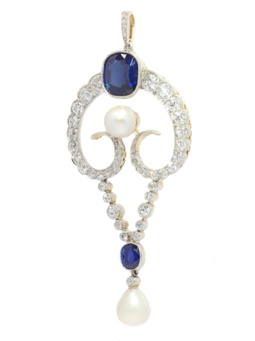 Belle Epoque diamond pendant with large natural pearls and cornflower blue color natural sapphires (certified) by Artista Sconosciuto