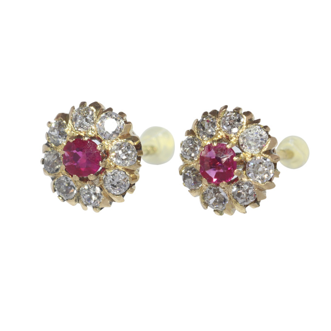 Antique Victorian antique diamond earstuds with natural rubies by Unknown artist