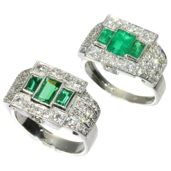 Unique ring pair of a Platinum Art Deco original with emeralds and its dummy model by Artista Sconosciuto
