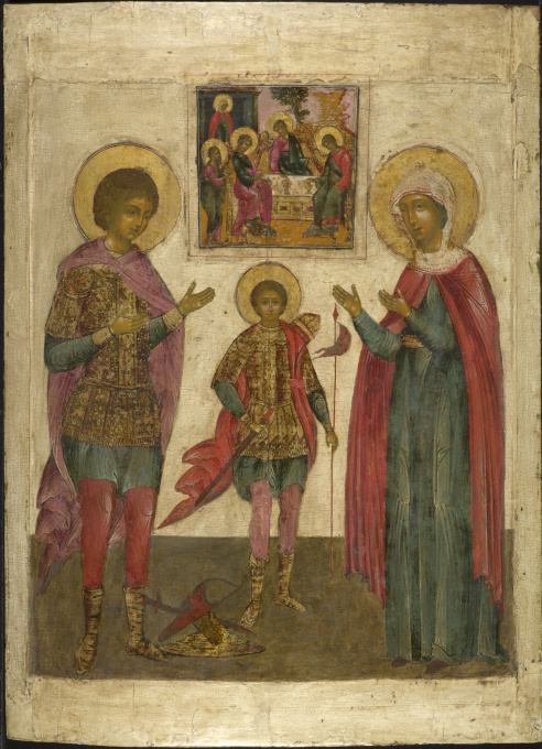Antique Russian wooden icon: The Three Saints by Artista Sconosciuto