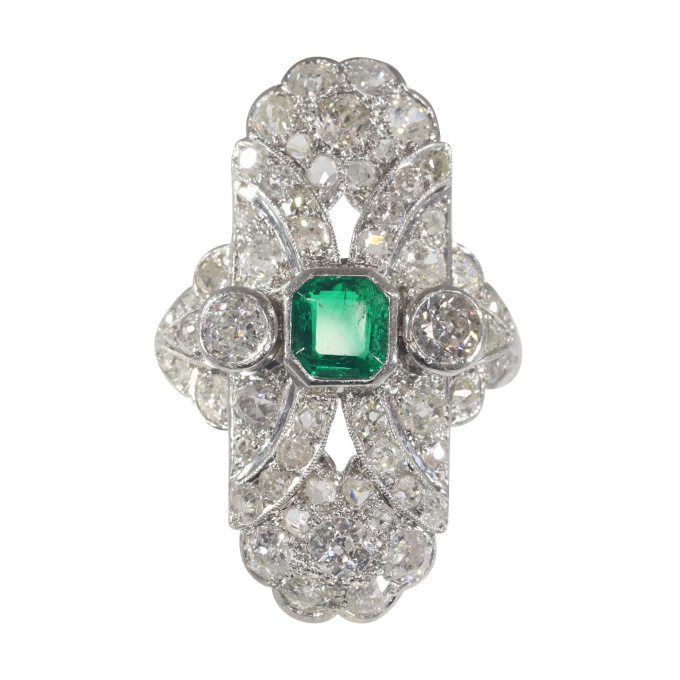 Antique Art Deco diamond engagement ring with stunning emerald by Unknown Artist