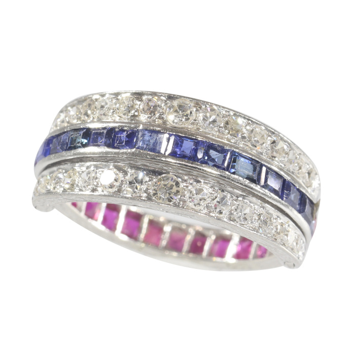 Magnificent eternity band with rubies and sapphires and hinged diamond parts by Artista Sconosciuto
