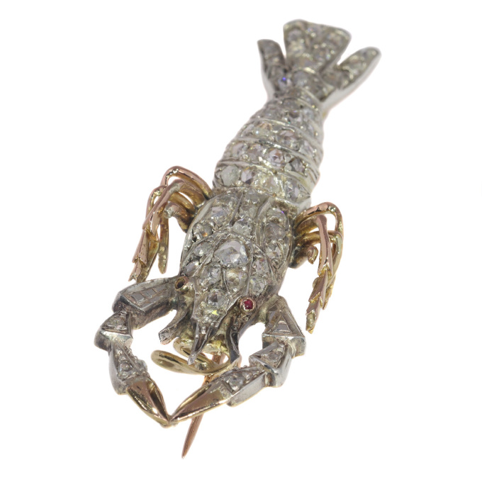 Antique gold and silver crayfish brooch fully embelished with rose cut diamonds by Artista Sconosciuto