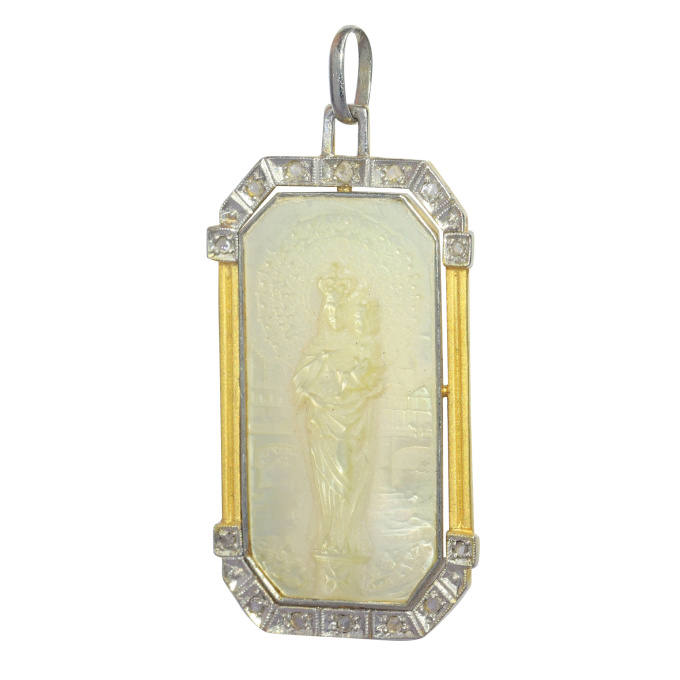Vintage 1920's Art Deco diamond medal Virgin Mary and baby Jesus by Artista Sconosciuto