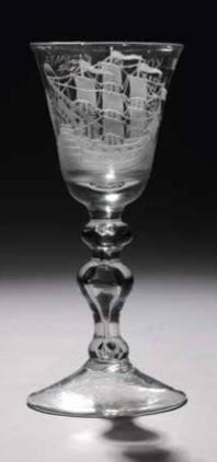 Glass with engraving of an Indiaman and text “WELLE KOM OP BATAVIA” by Artista Desconocido