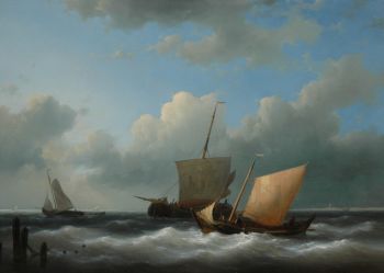 Sailing boats entering a harbour by Abraham Hulk