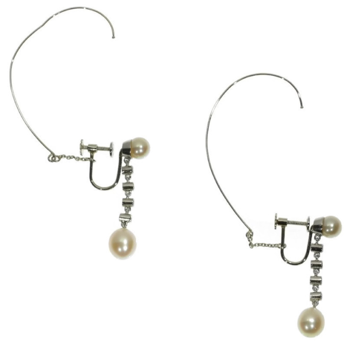 Platinum diamond and pearl long pendent earrings screws with safety system by Unknown Artist