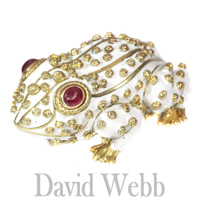 David Webb signed white frog large brooch with ruby eyes by Artista Sconosciuto