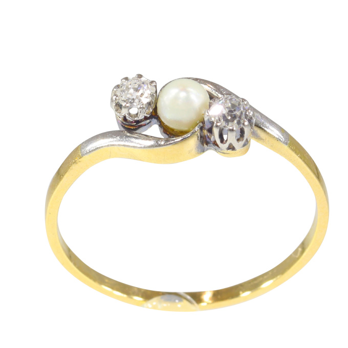 Vintage 18K gold diamond and pearl inline cross over ring by Artiste Inconnu