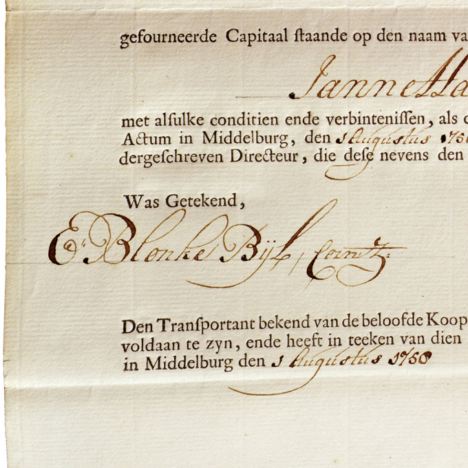 Share of 250 Flemish pounds August 1 1758 Middelburgsche Commercie Compagnie by Onbekende Kunstenaar