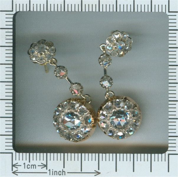 Vintage long pendant diamond earrings with 44 rose cut diamonds by Unknown artist