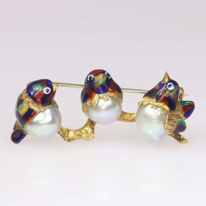 Whimsical vintage Seventies gold and pearl brooch three little enameled birds on a branch by Unbekannter Künstler