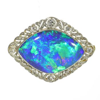 Vintage Belle Epoque Dutch 18K diamond brooch with truly magnificent black opal by Artiste Inconnu