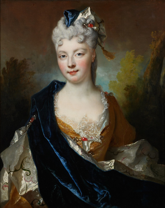 A Charming Lady looks at us, dressed in Gown and Velvet Cloak by Nicolas de Largillière