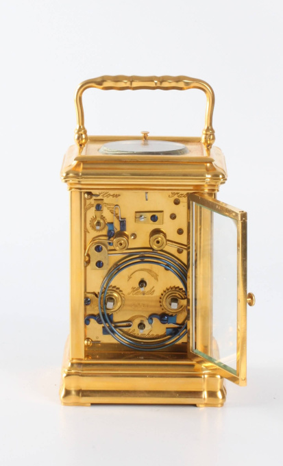 A French gilt gorge case carriage clock with alarm, circa 1860 by Artista Sconosciuto