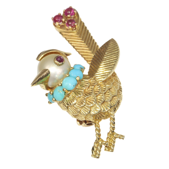 Vintage fanciful Fifties gold bejeweled bird brooch by Unbekannter Künstler