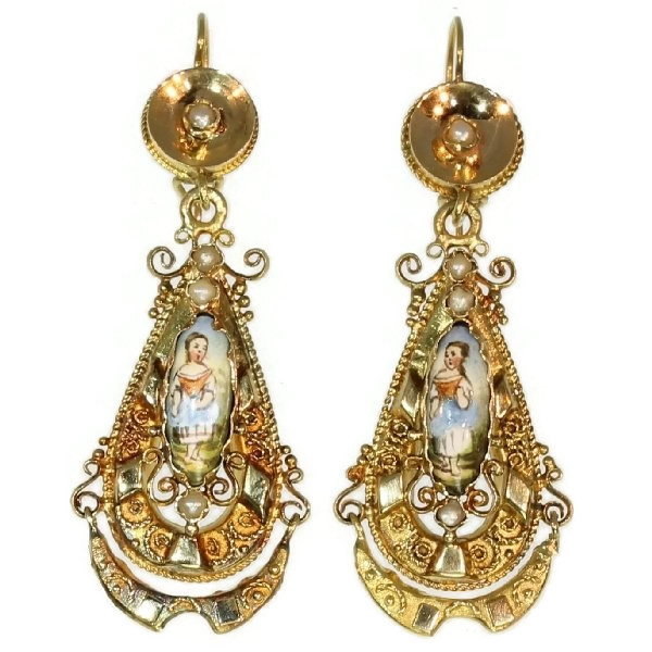 Gold Biedermeier earrings long pendant Victorian earrings with enamel by Unknown artist