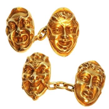 Antique cufflinks French 18K yellow gold mask by Unknown Artist
