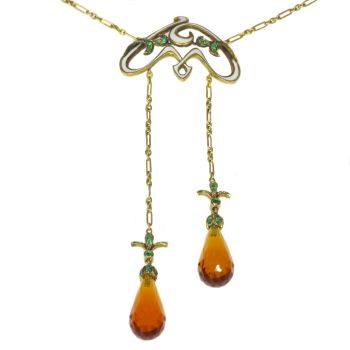 French Art Nouveau enameled necklace with emeralds and citrine briolettes by Unknown Artist