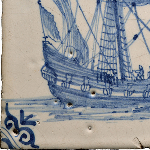 White and blue tile with Dutch merchant ship second half 17th century by Unknown artist