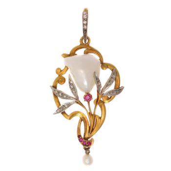 French Art Nouveau pendant with big Mississippi dog tooth pearl diamonds rubies by Unknown Artist