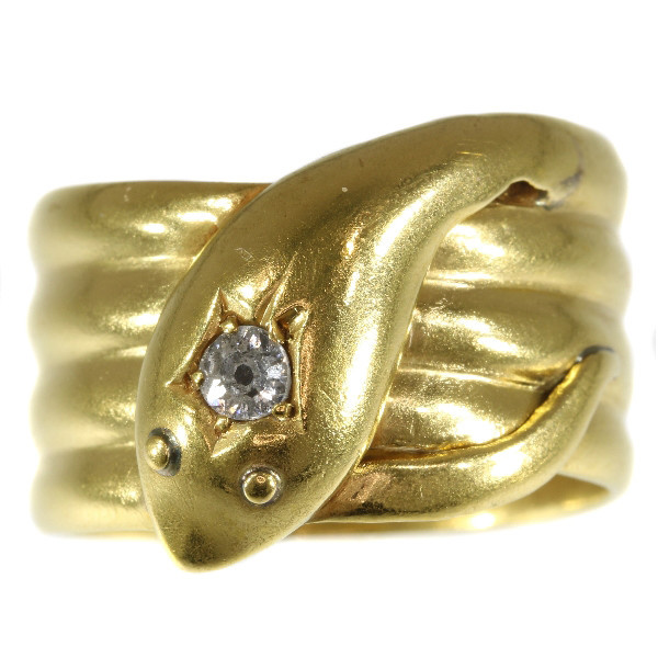Antique gold English coiled snake ring with old brilliant cut diamond (ca. 1893) by Artista Desconocido