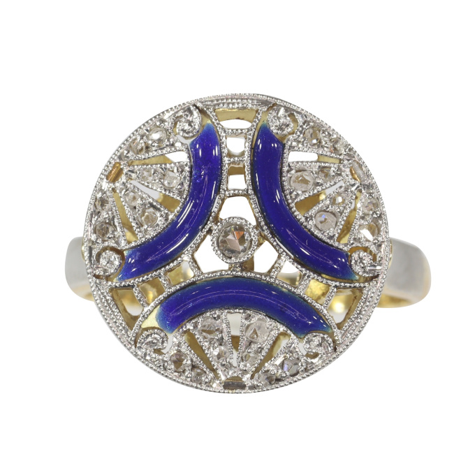 Vintage Art Deco diamond engagement ring with blue enamel by Onbekende Kunstenaar