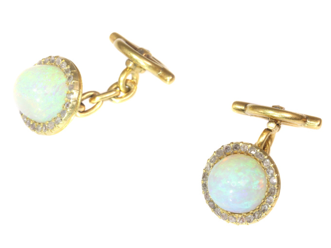 Late Victorian cufflinks 18K gold diamond and high domed opals by Artiste Inconnu