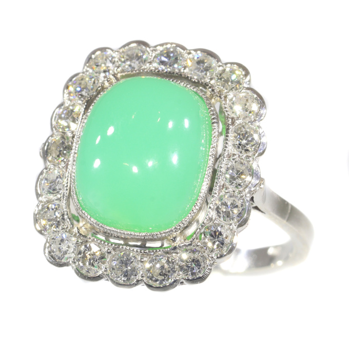 Vintage Fifties diamond and chrysoprase platinum engagement ring by Artista Sconosciuto