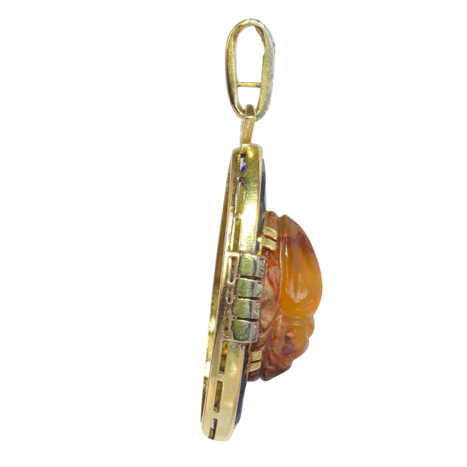 Vintage antique Art Deco neo-Egptian scarab pendant with diamonds sapphires and a Carrera fire opal by Artista Sconosciuto