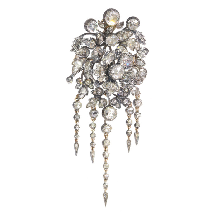 Impressive antique flower brooch trembleuse corsage fully embellished with high quality rose cut diamonds by Unknown artist