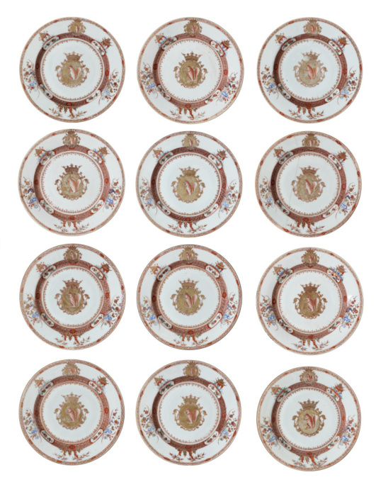 A rare set of twelve Chinese export porcelain plates bearing the arms of Jan Albert Sichterman (1692-1764) Qianlong period, circa 1730-1735 by Artiste Inconnu